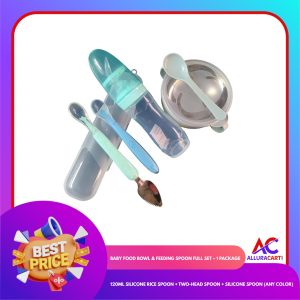 Baby Food Bowl & Feeding Spoon Full Set – 1 Package | 120ml Silicone Rice Spoon + Two-Head Spoon + Silicone Spoon (Any Color)