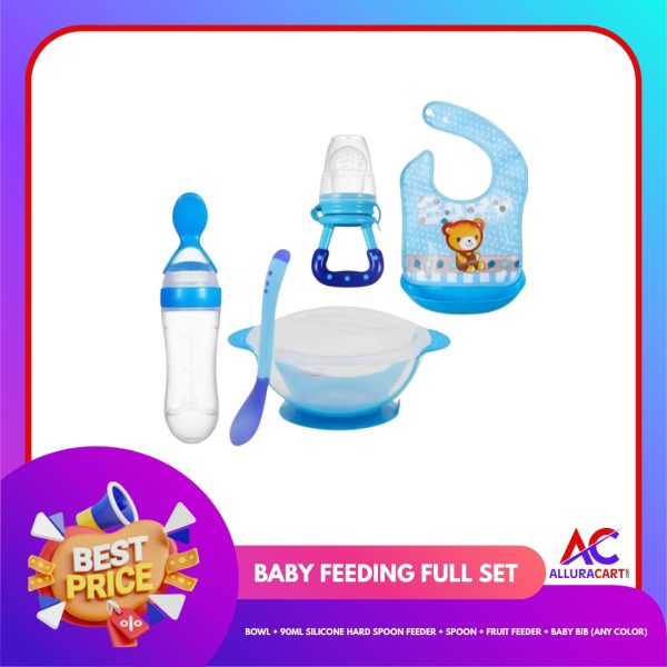 Baby Feeding Full Set – Bowl + 90ml Silicone Hard Spoon Feeder + Spoon + Fruit Feeder + Baby Bib (Any Color)